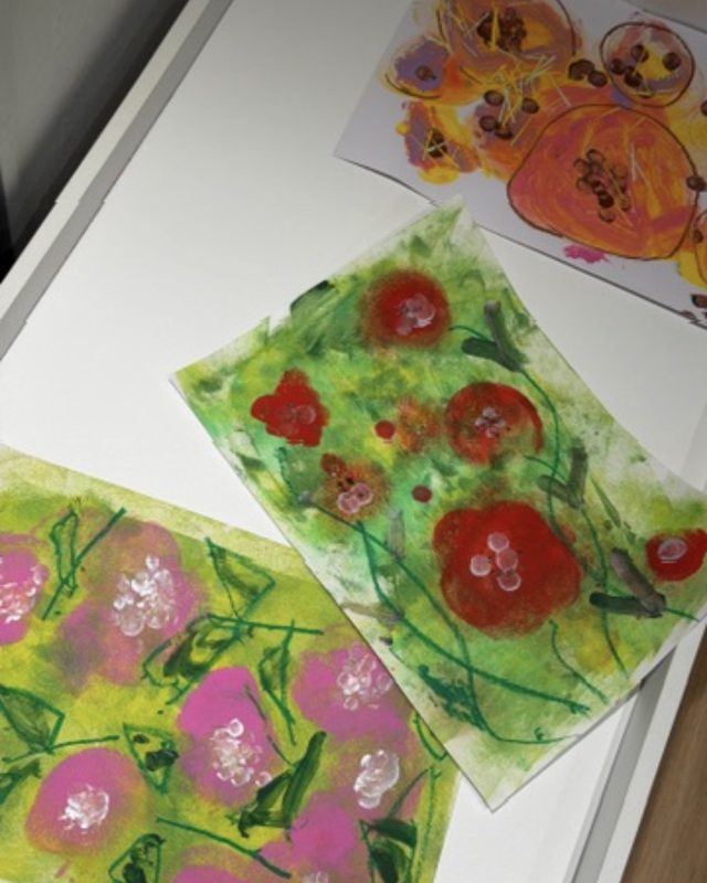 Flower paintings with pastel and paint