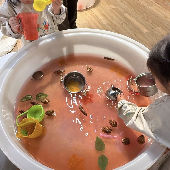 Autumn sensory tub with pine cones and leaves