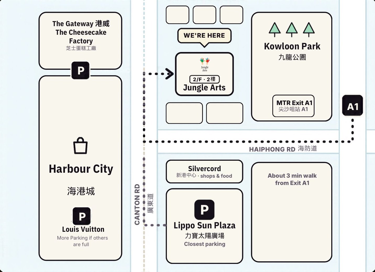 Map: from TST MTR Exit A1, walk along Haiphong Road to Canton Road. Jungle Arts is on 2/F, opposite Harbour City. Closest parking at Lippo Sun Plaza.